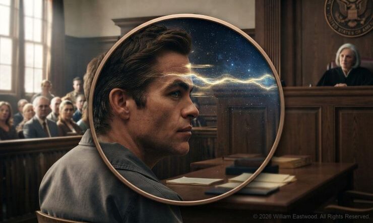 A detailed close-up profile of a male defendant, based on the previous courtroom image, looking forward. Overlaid and focused on his line of vision is a circular distortion or cosmic 'glitch' effect revealing a shimmering blue galaxy and stars, set within the blurred, dark wood architecture of a courtroom.
