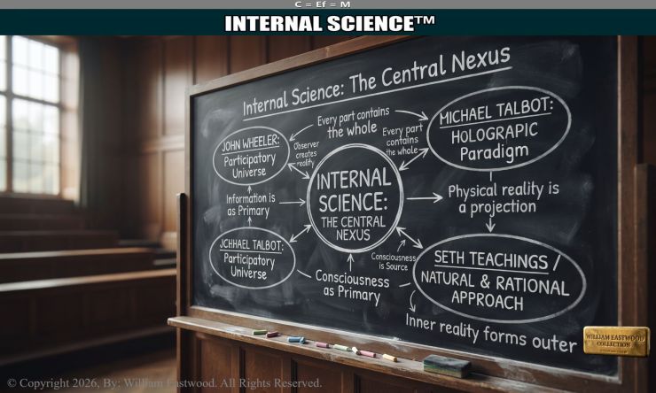 Chalkboard diagram mapping Internal Science at the center connecting to John Wheeler, Michael Talbot, and Seth Teachings to establish consciousness as primary.
