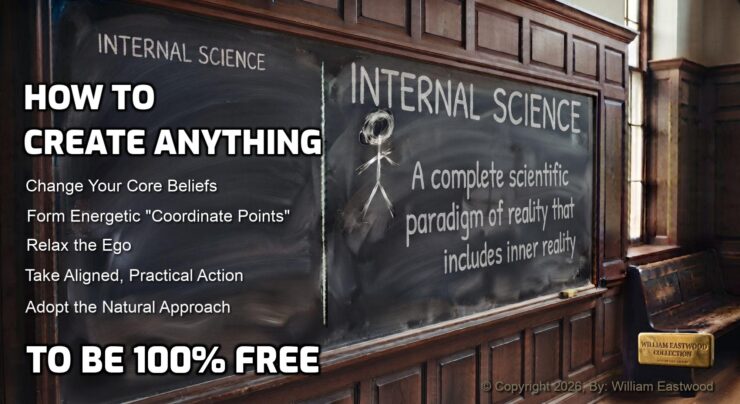 A university classroom blackboard on which it is written, “INTERNAL SCIENCE: A complete scientific paradigm of reality that includes inner reality. HOW TO CREATE ANYTHING TO BE 100% FREE: Change Your Core Beliefs. Form Energetic "Coordinate Points". Relax the Ego. Take Aligned, Practical Action. Adopt the Natural Approach.