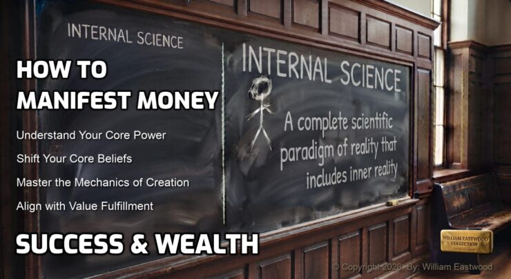 A university classroom blackboard on which it is written, “INTERNAL SCIENCE: A complete scientific paradigm of reality that includes inner reality. HOW TO MANIFEST MONEY SUCCESS & WEALTH: Understand Your Core Power. Shift Your Core Beliefs. Master the Mechanics of Creation. Align With Value Fulfillment.
