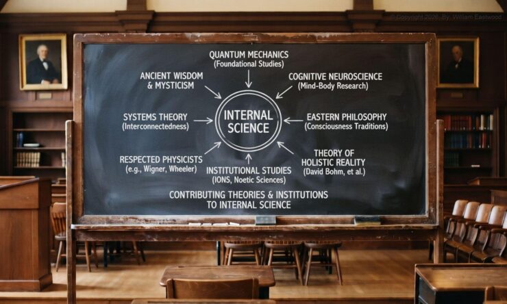 University classroom chalkboard diagram illustrating Internal Science as the converging paradigm of quantum physics, neuroscience, and ancient wisdom.