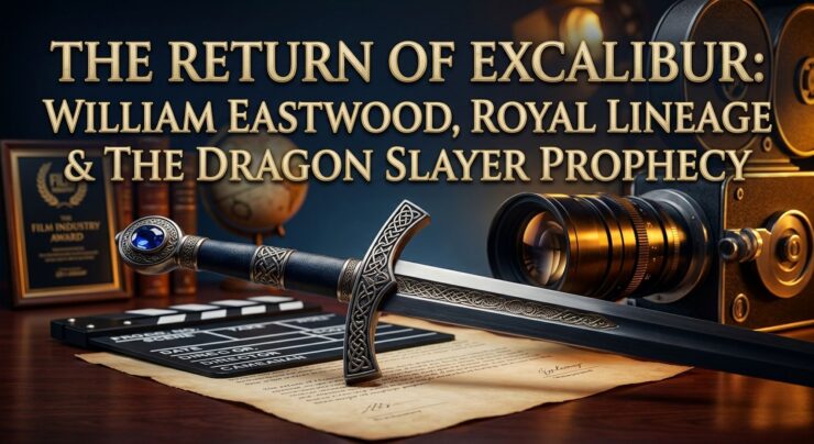 A concise icon-link graphic featuring an ornate Excalibur sword with a sapphire pommel and a professional camera lens. The gold-embossed title at the top reads: 'THE RETURN OF EXCALIBUR: WILLIAM EASTWOOD, ROYAL LINEAGE & THE DRAGON SLAYER PROPHECY'. The background is a blurred, professional dark study.