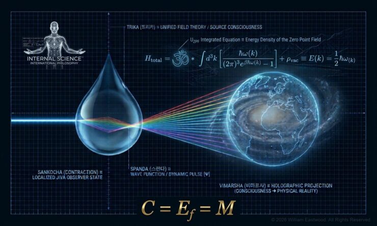 Scientific blueprint diagram showing a water droplet refracting light into a holographic projection of Earth and galaxy, connecting Kashmir Shaivism terms with quantum physics.