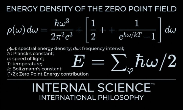 Light blue text on black background showing the energy density equation of the Zero Point Field alongside Internal Science and International Philosophy branding.
