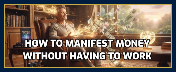 A relaxed man in a sunlit study, representing William Eastwood, visualization and feeling abundance into existence. Golden light radiates from his hands, materializing a cascade of floating banknotes and gold coins that surround him effortlessly. Books by William Eastwood are visible on shelves, and the Inner UN globe symbol is on the table. This image illustrates the article: 'How Do I Manifest Money Without Having to Work? Materialize What You Want the Easy Way'.