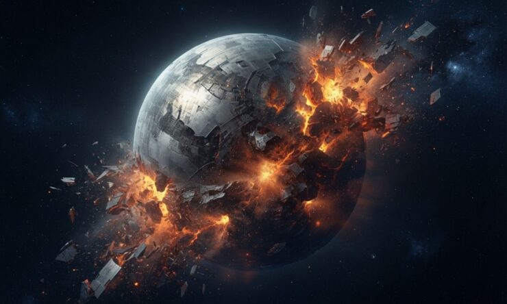 A scene from The Dragon Slayer Prophecy shows a man-made planet imploding in the year 3000.