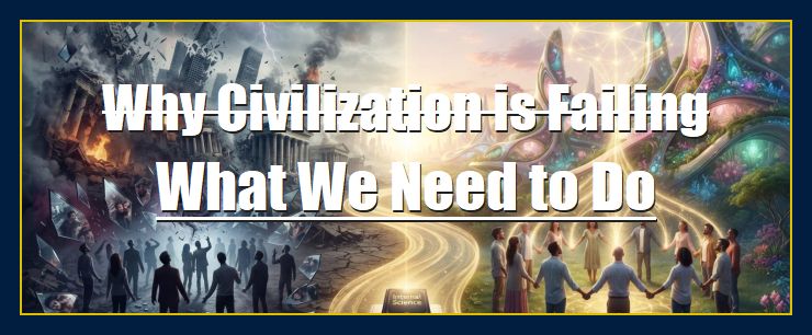 A conceptual split-panel photograph illustrating the duality of civilization. On the left, 'Why Civilization Is Failing', a decaying, crumbling metropolis dissolves into darkness under a stormy sky, with silhouetted people in despair and broken mirrors reflecting chaotic thoughts. A glowing river of consciousness separates this from the right side, 'What We Need to Do to Solve the Problem'. Here, a flourishing, regenerative future is depicted with lush greenery, futuristic organic architecture, and a hopeful group of diverse people holding hands in a circle, emanating a golden network of interconnected light. The central book, 'Internal Science', rests on a pedestal, marking the transition.