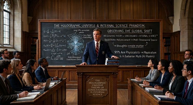 A formal academic lecture hall featuring a professor behind a podium reading "The Holographic Universe Theory of Consciousness Is Internal Science." A blackboard shows complex Zero Point Field diagrams and text detailing the shift to the Internal Science™ paradigm, including "Thoughts Create Matter" and "Physicalism Is A Barbarian Myth."